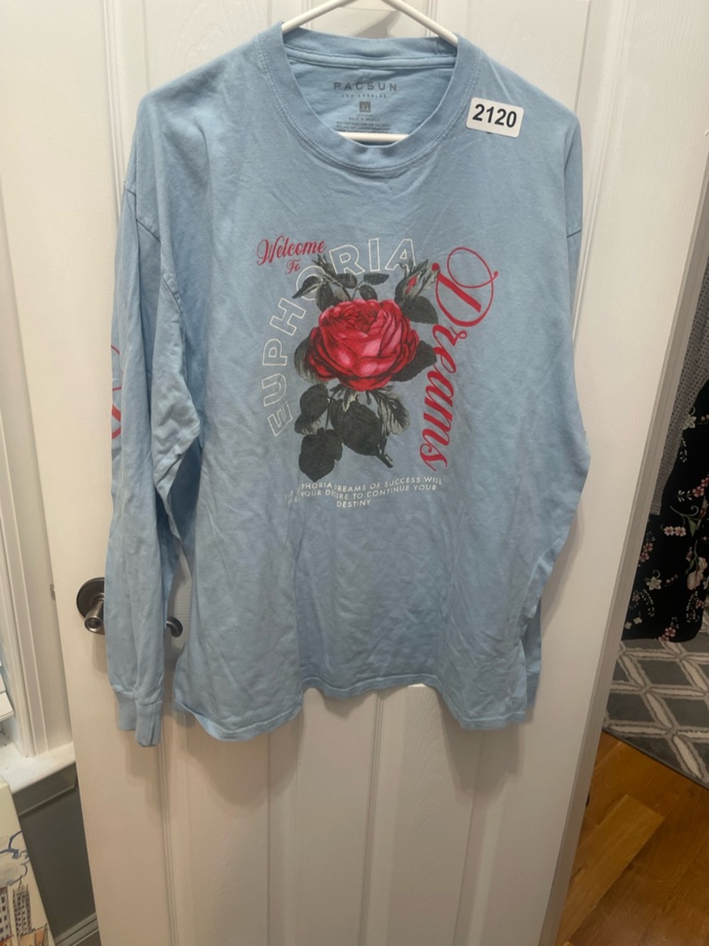 PacSun Light Blue Long Sleeve Tee with Red Rose Graphic - Picture 4 of 8